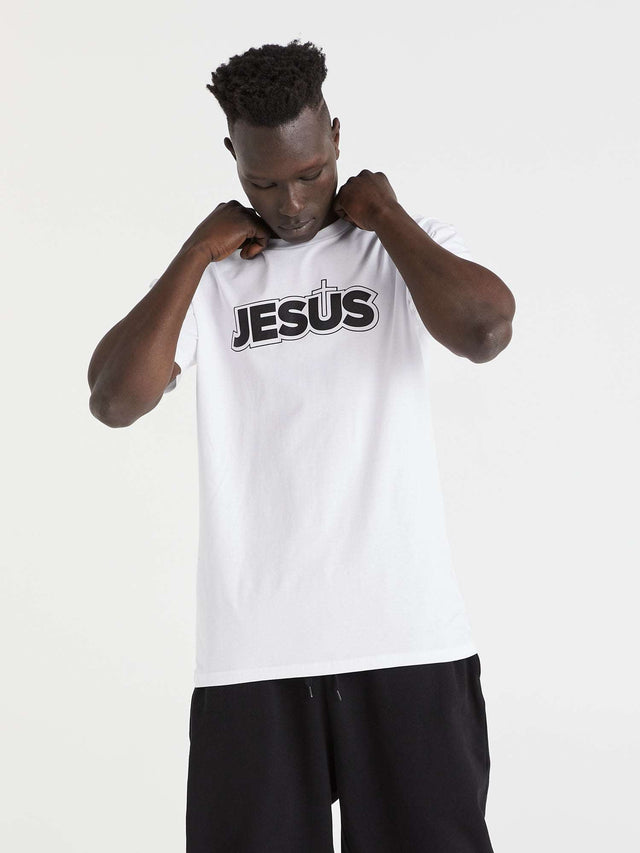 A white t-shirt featuring a cross with the name 'Jesus' printed on the front.